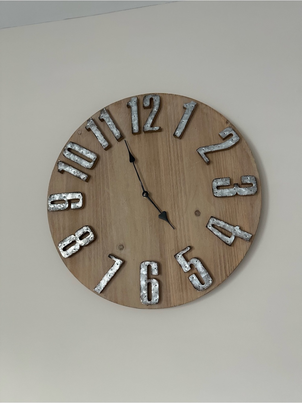 Natural Wood Round Wall Clock with Silver Numbers